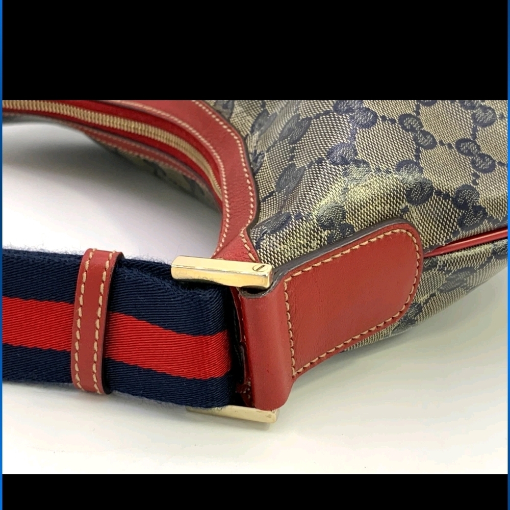 Authentic Gucci Blue Monogram Canvas Crossbody Bag with Red Trim With COA - Picture 11 of 16